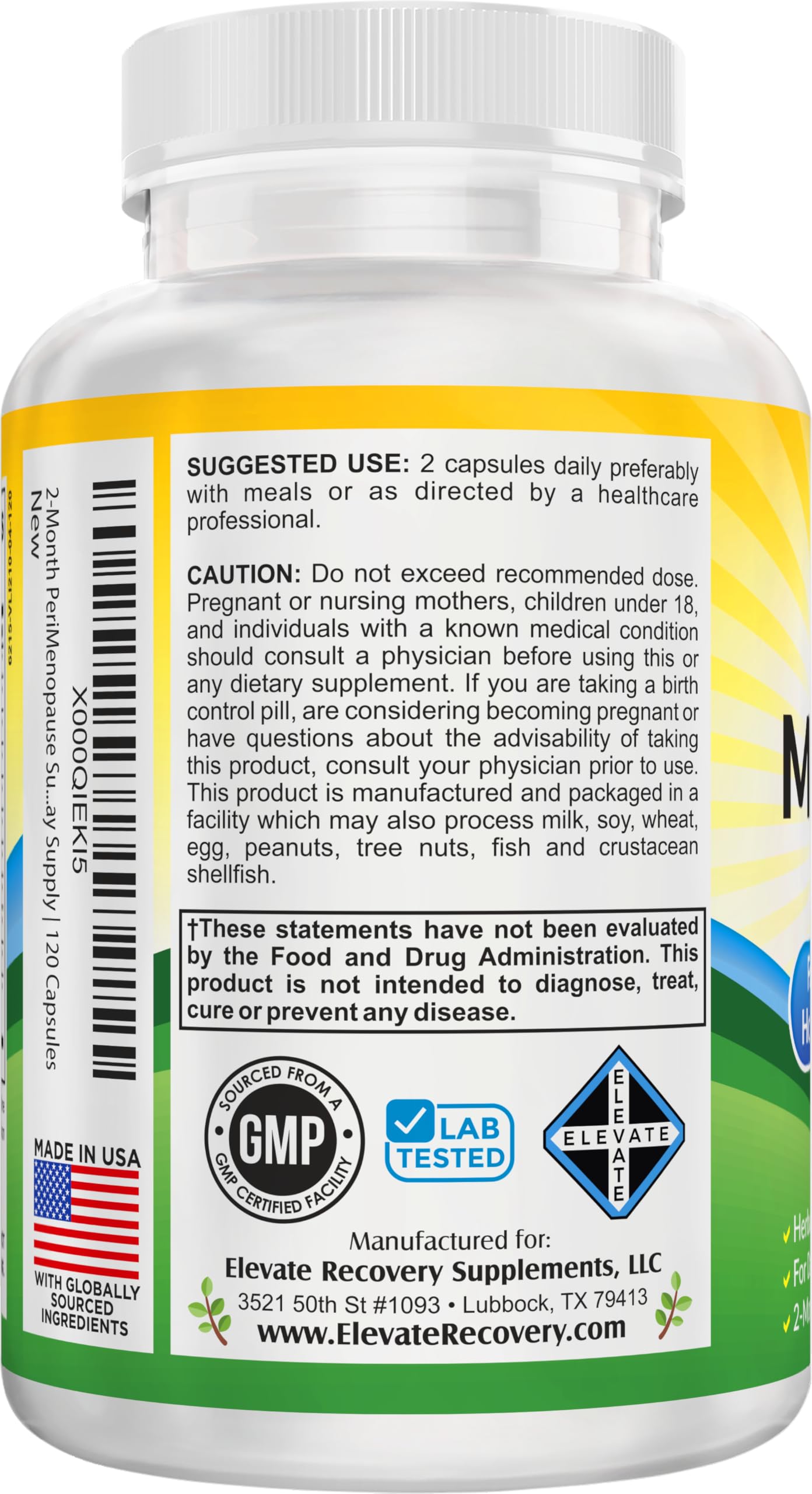 Elevate Recovery Perimenopause packaging inset showing 120 capsules for two-month supply.