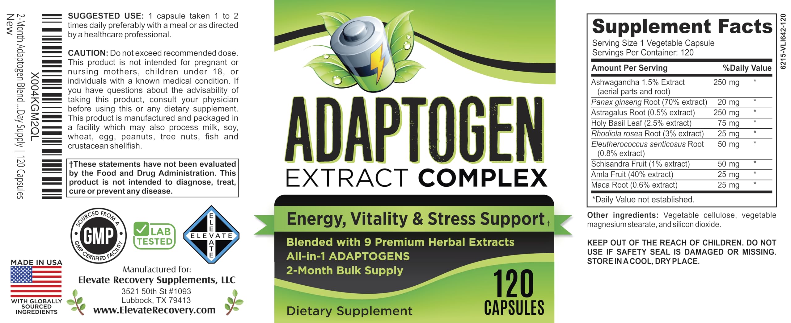 Elevate Recovery schisandra amla maca bottle with ingredient highlights