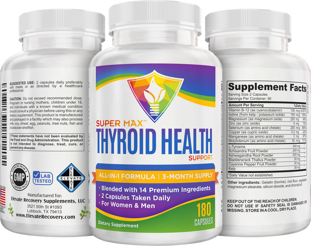 Label close-up emphasizing 14 active ingredients in the thyroid formula