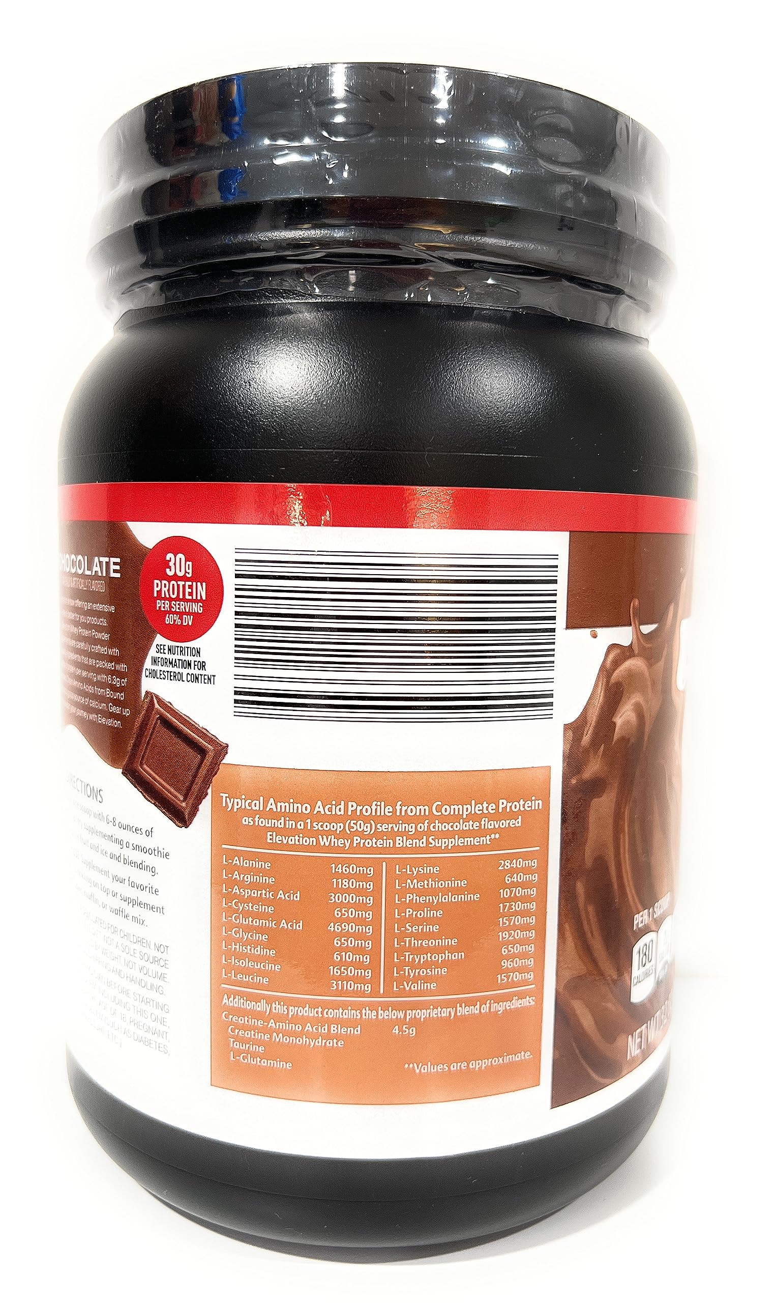 Elevation chocolate protein powder 32oz shake glass with prepared drink for recovery.