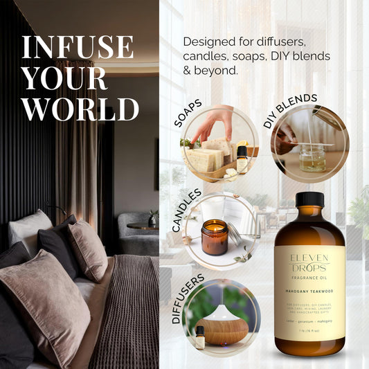Eleven Drops Bougie 540 amber-glass bottle highlights elegant home fragrance on a shelf.