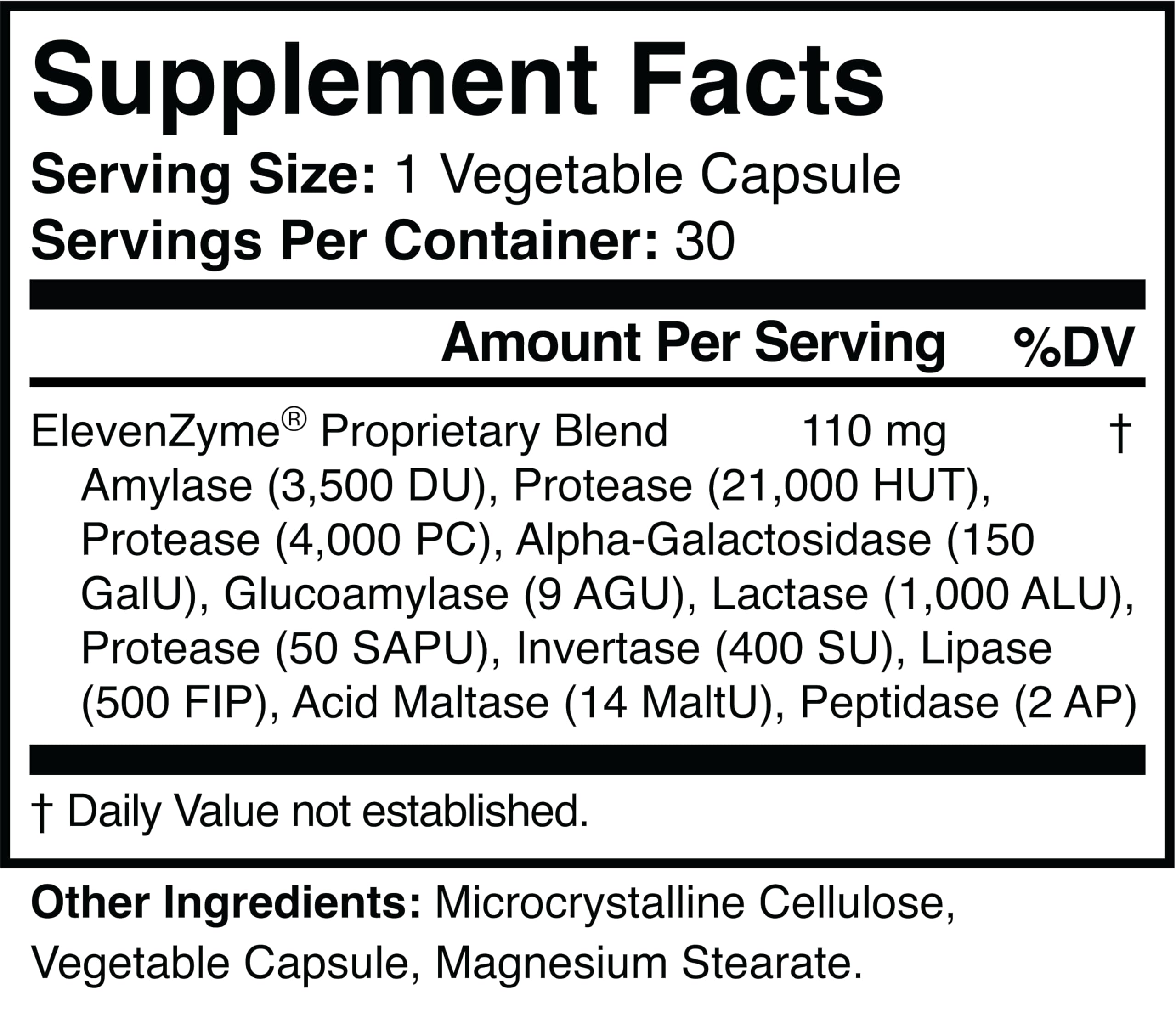 ElevenZyme capsules arranged in a row highlighting 30 capsules per bottle for daily use.