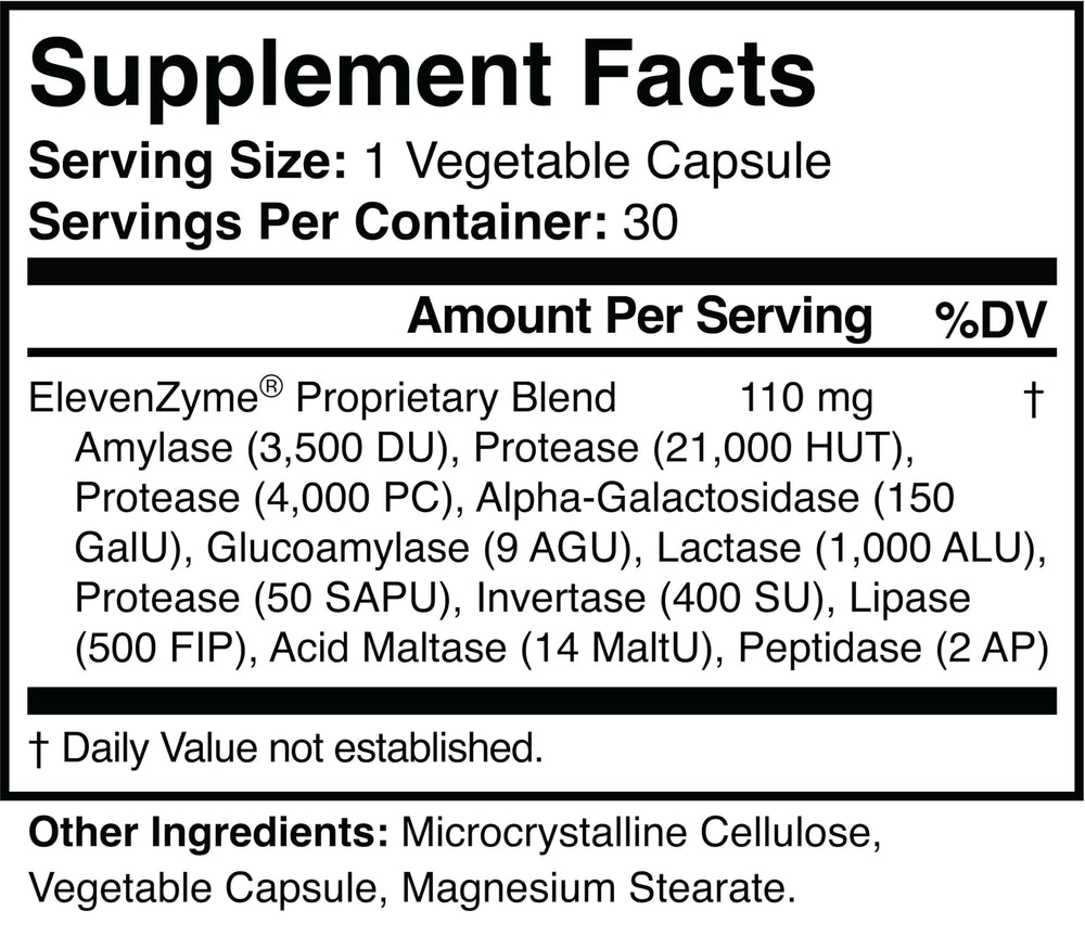 ElevenZyme capsules arranged in a row highlighting 30 capsules per bottle for daily use.