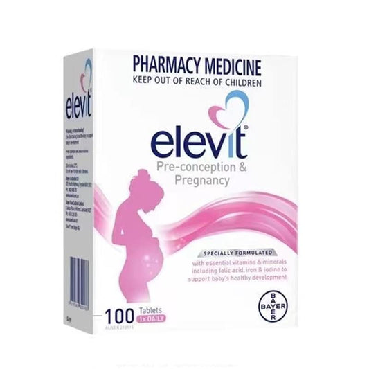 Elevit prenatal tablet close-up showing key vitamins for maternal nutrition.