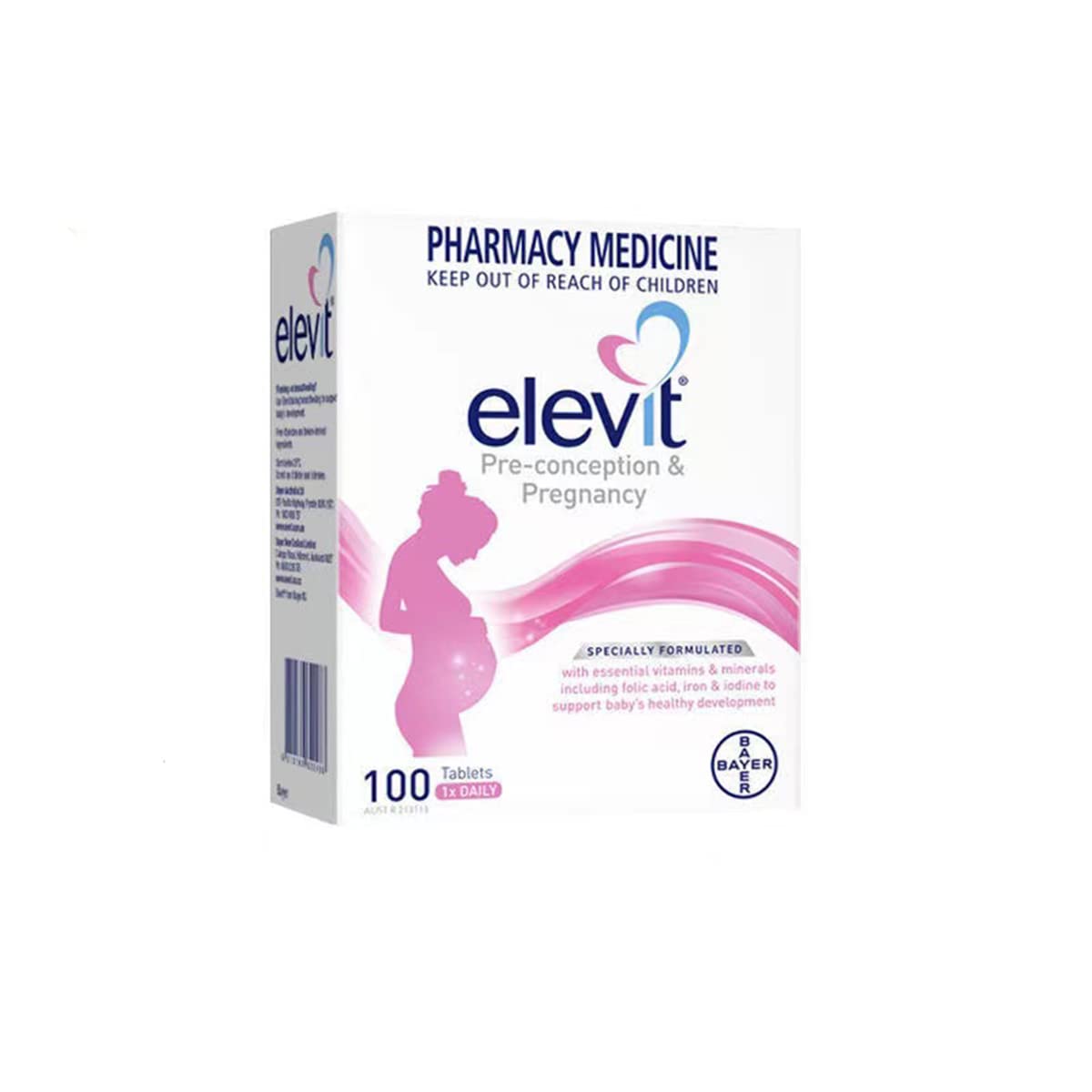 Elevit TAB with Iodine bottle front, highlighting prenatal nutrients for pregnancy support.