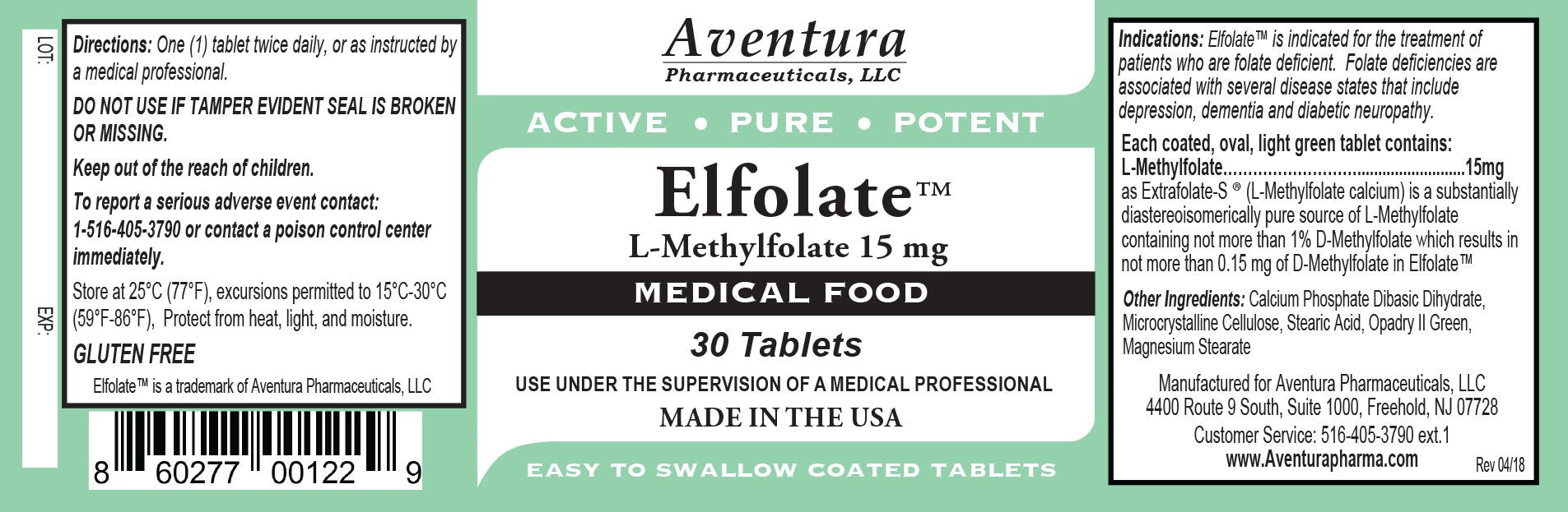 ELFOLATE 15mg 3-pack label closeup, purity and quality manufacturing.