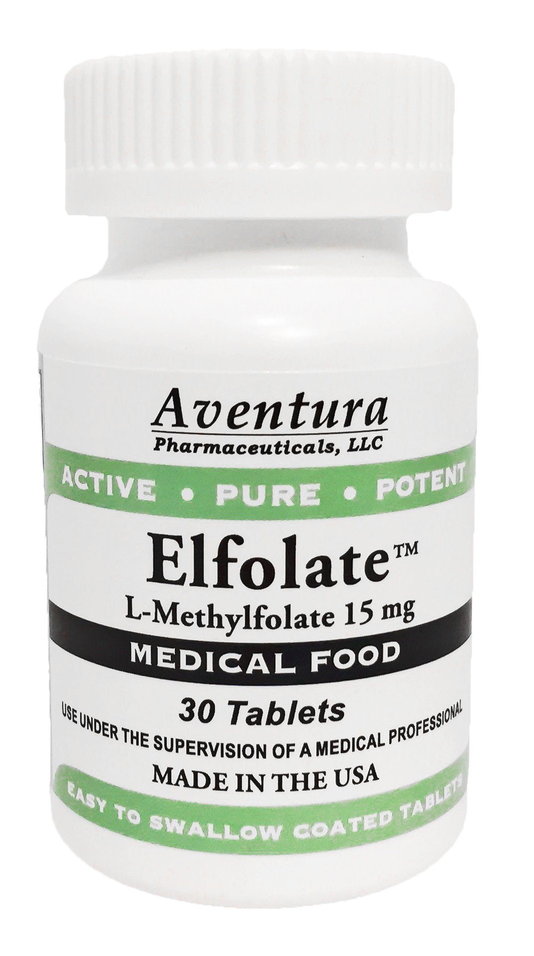 ELFOLATE bottle front label showing purity and potency for daily use.