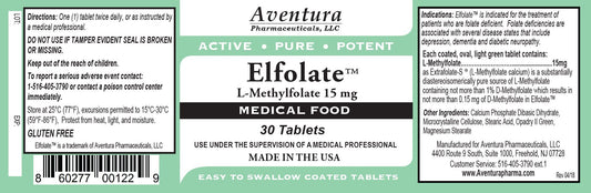 ELFOLATE bottle pour image illustrating tablet size and dosage.