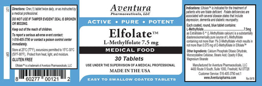 ELFOLATE bottle label close-up emphasizing purity, potency, and product claims