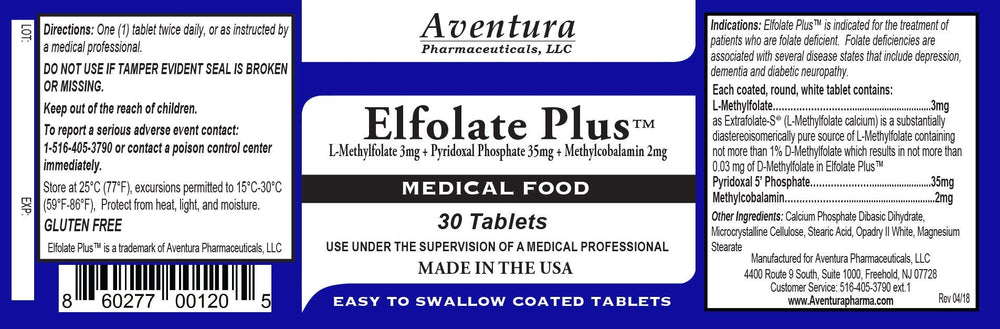 ELFOLATE Plus 3mg label close-up highlighting purity and potency.