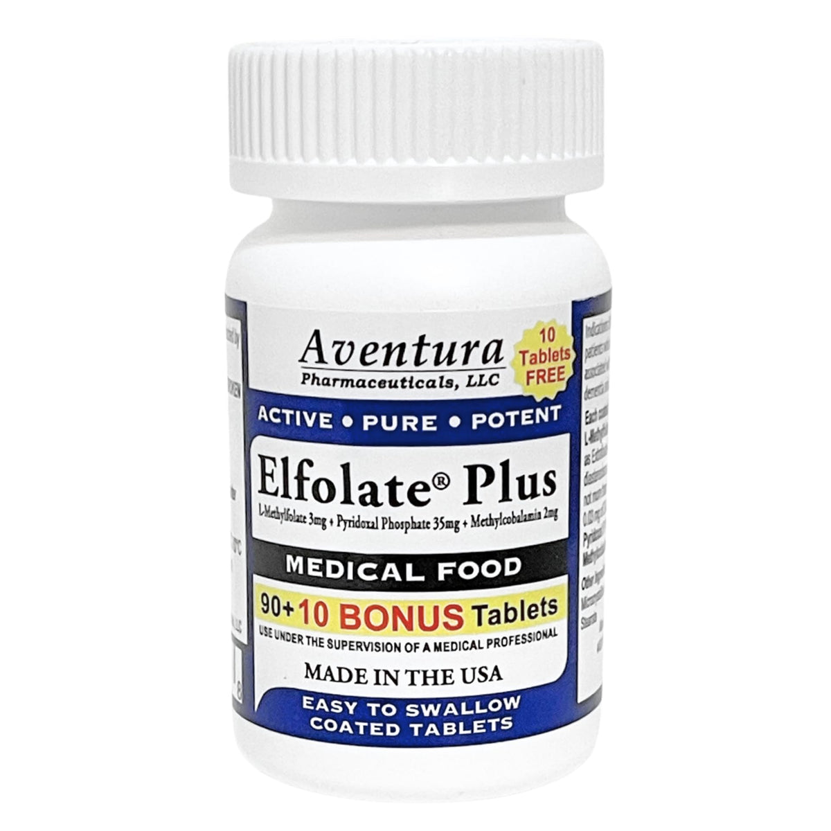 ELFOLATE Plus bottle label highlights L-methylfolate for daily support.