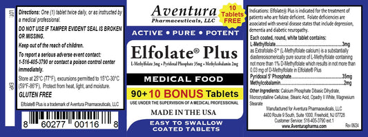 ELFOLATE Plus tablets close-up shows coated pills for easy swallowing.