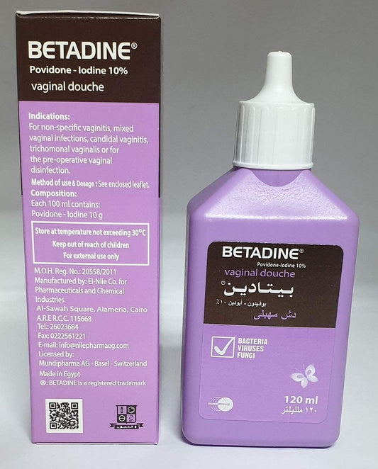 Elhawag BETADIN Vaginal Douche packaging box, compact home care product