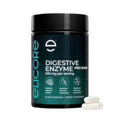 ELICORE Digestive Enzyme Pro Blend bottle being poured to support meal digestion.