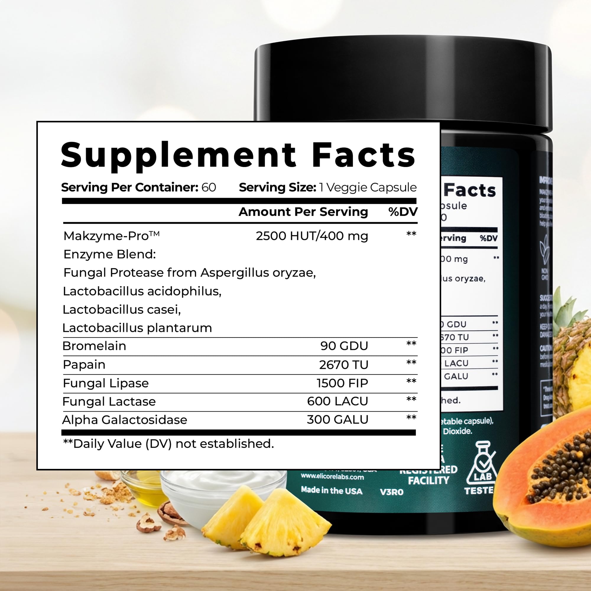 ELICORE Digestive Enzyme Pro Blend label detail highlighting bromelain and papaya enzymes.