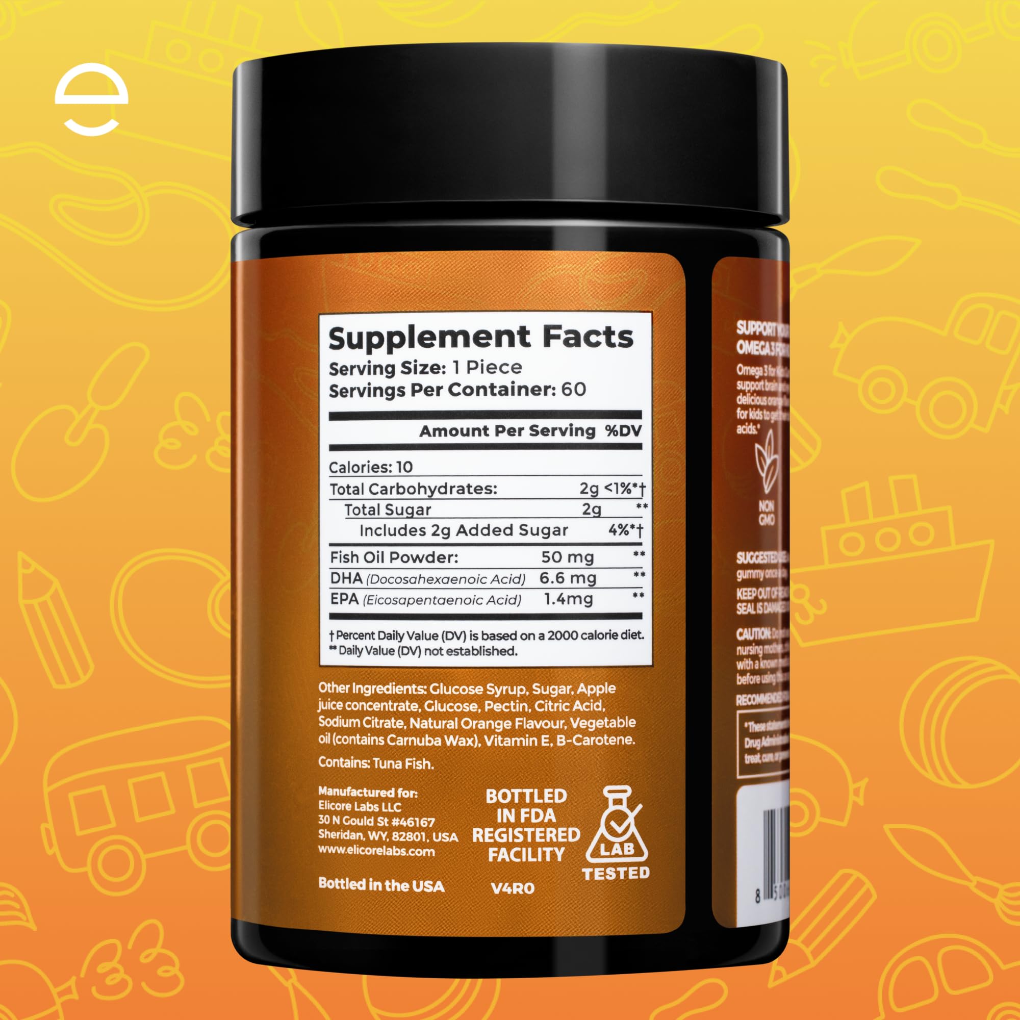 ELICORE Kids Omega 3 Gummies brain and eye benefit imagery.