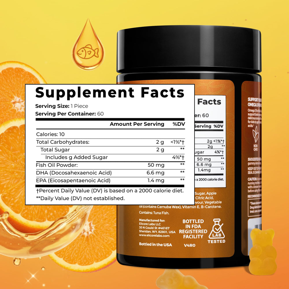 ELICORE Kids Omega 3 Gummies DHA EPA balance shown on label.