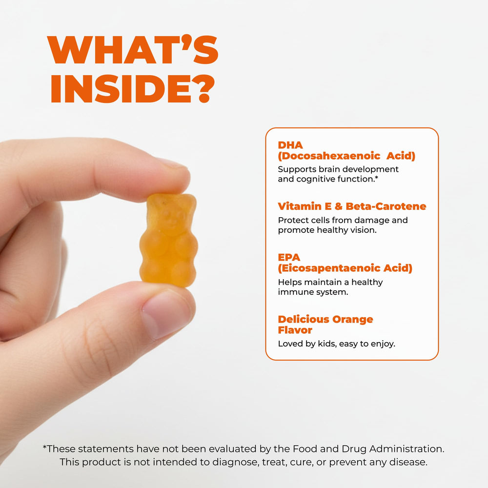 ELICORE Kids Omega 3 Gummies no fishy taste with natural orange flavor.