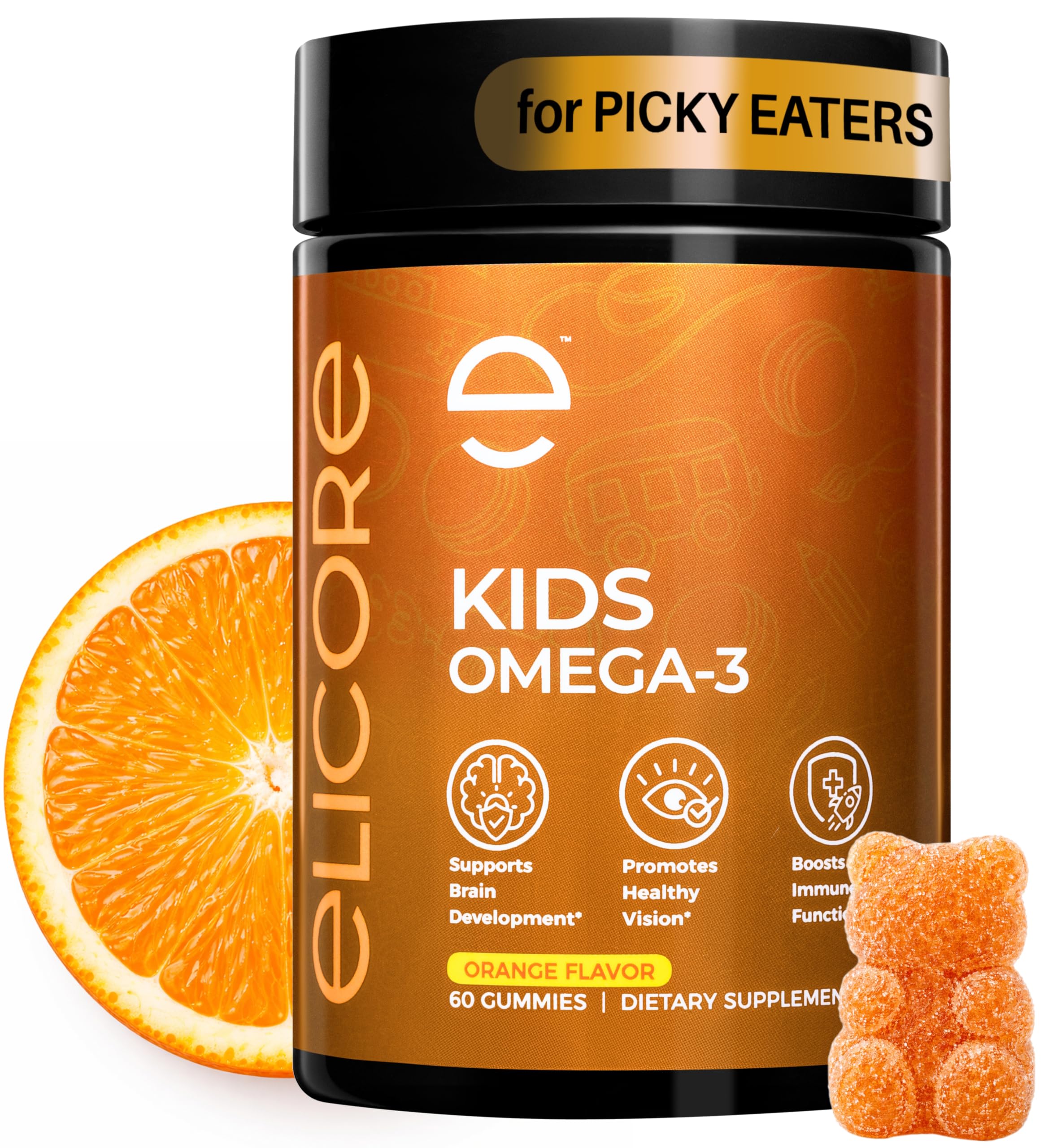 ELICORE Kids Omega 3 Gummies orange bottle close-up for daily DHA and EPA.