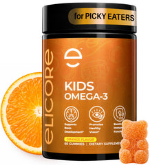 ELICORE Kids Omega 3 Gummies orange bottle close-up for daily DHA and EPA.