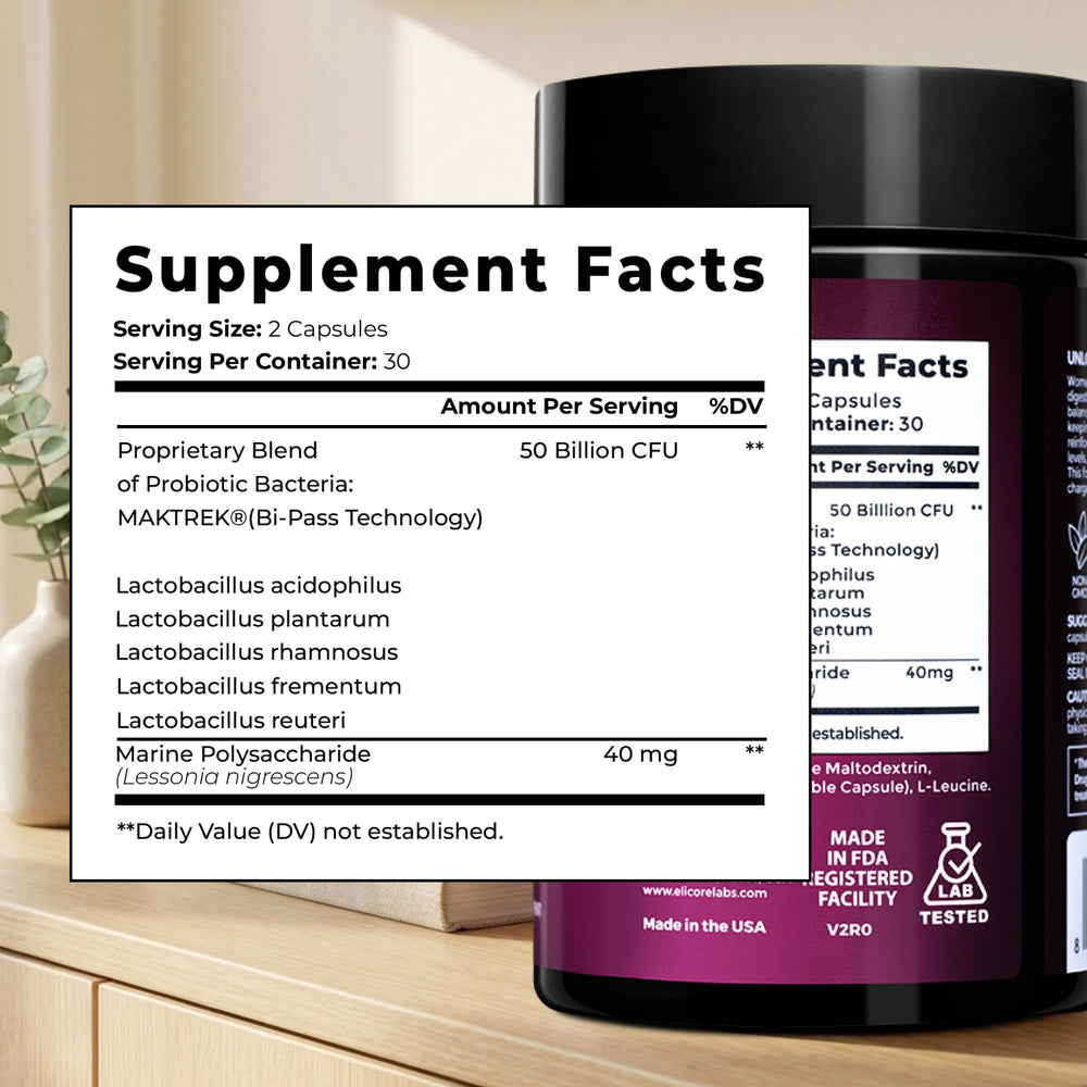 ELICORE probiotics shown with daily care items.