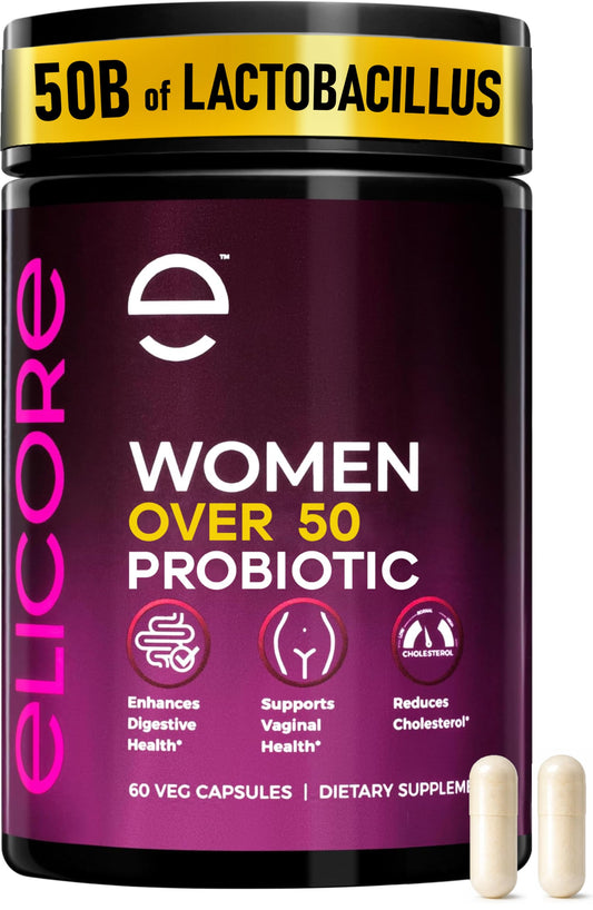 ELICORE Probiotics bottle showing 50B CFU for digestive balance.
