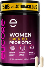 ELICORE Probiotics bottle showing 50B CFU for digestive balance.