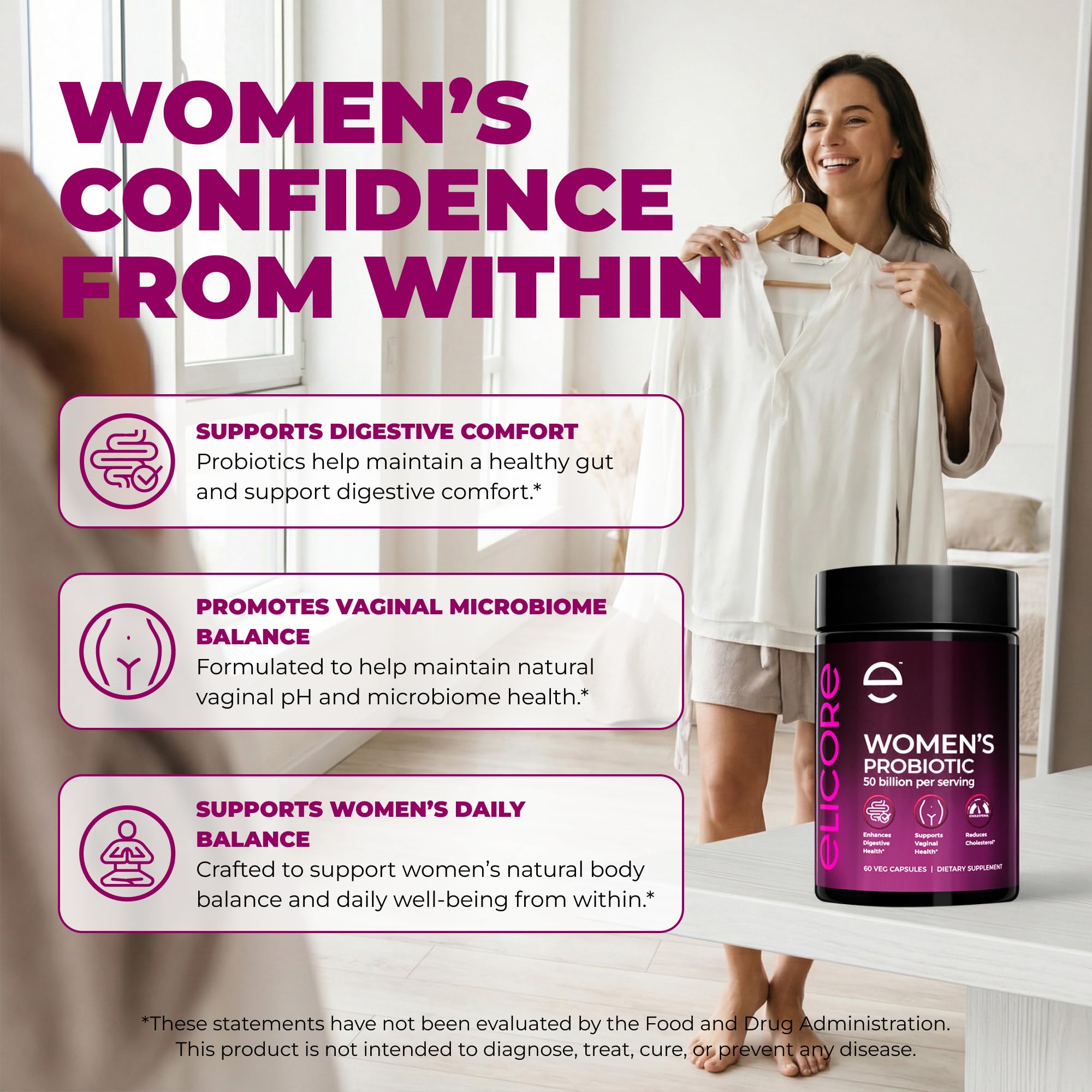ELICORE Probiotics capsules ready for daily use, supporting gut and vaginal balance.