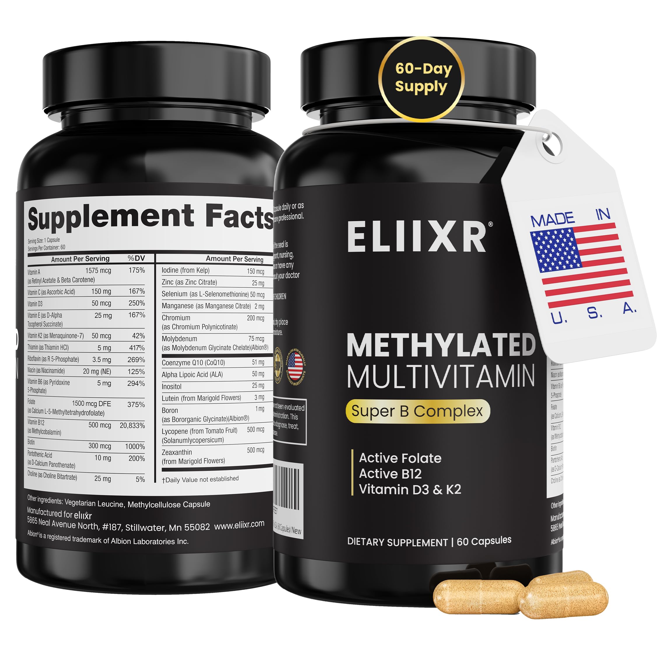 Eliixr Methylated Multivitamin bottle front showing 60 vegan capsules for daily support