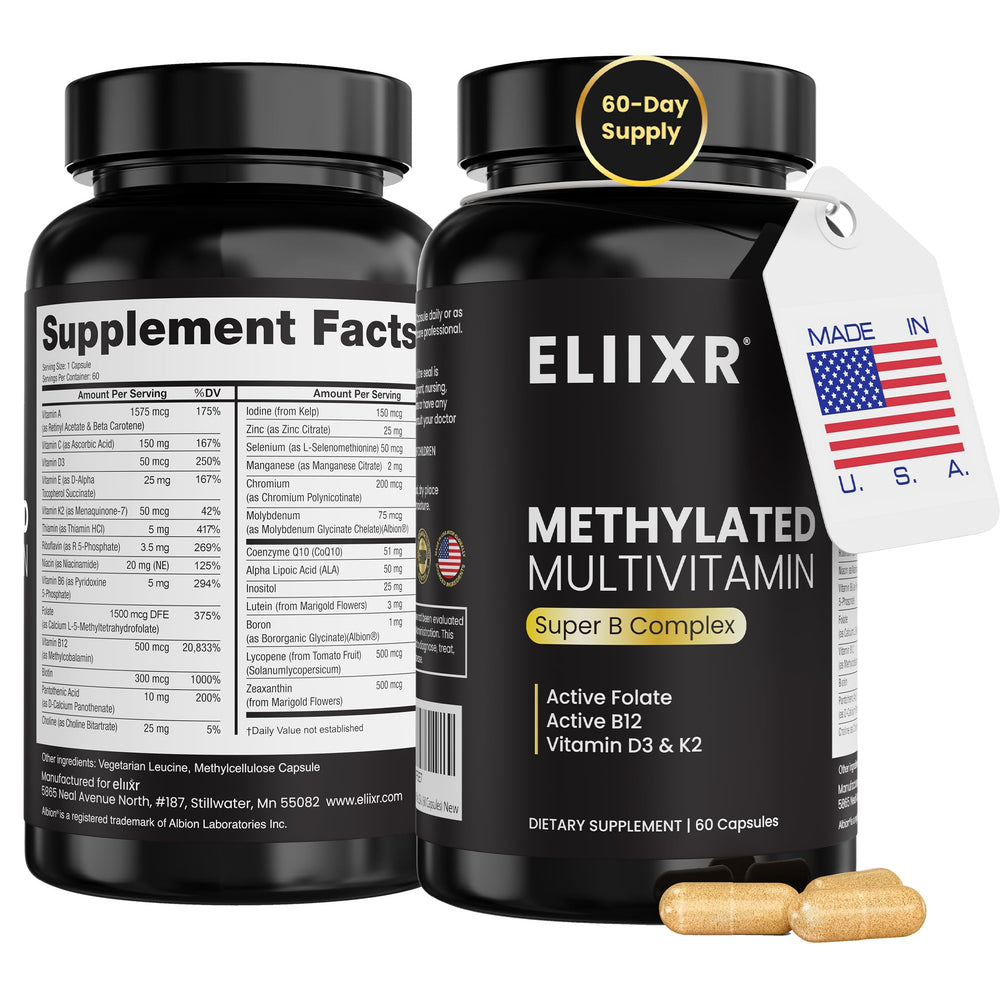 Eliixr Methylated Multivitamin bottle front showing 60 vegan capsules for daily support