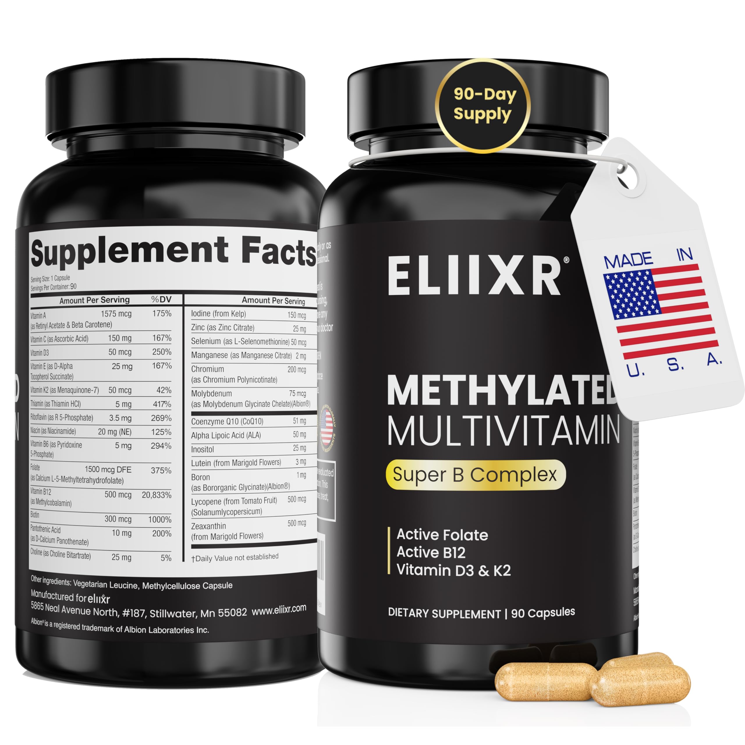 Eliixr methylated multivitamin bottle front for daily nutrient support.