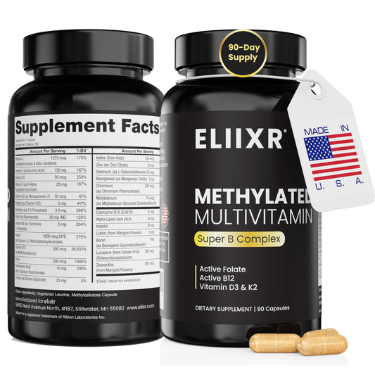 Eliixr methylated multivitamin bottle front for daily nutrient support.