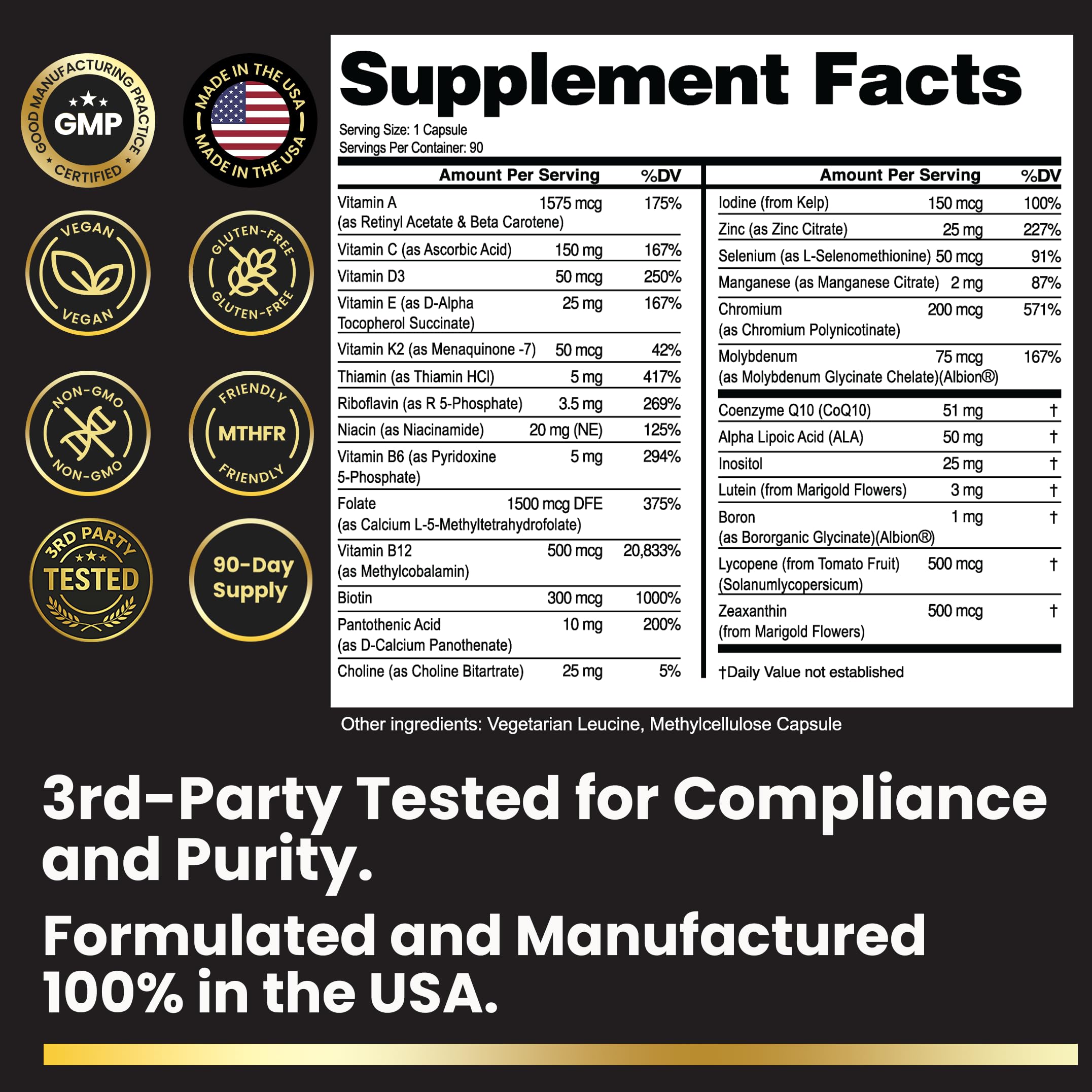 Eliixr methylated multivitamin label highlights active folate and B vitamins for daily wellness.