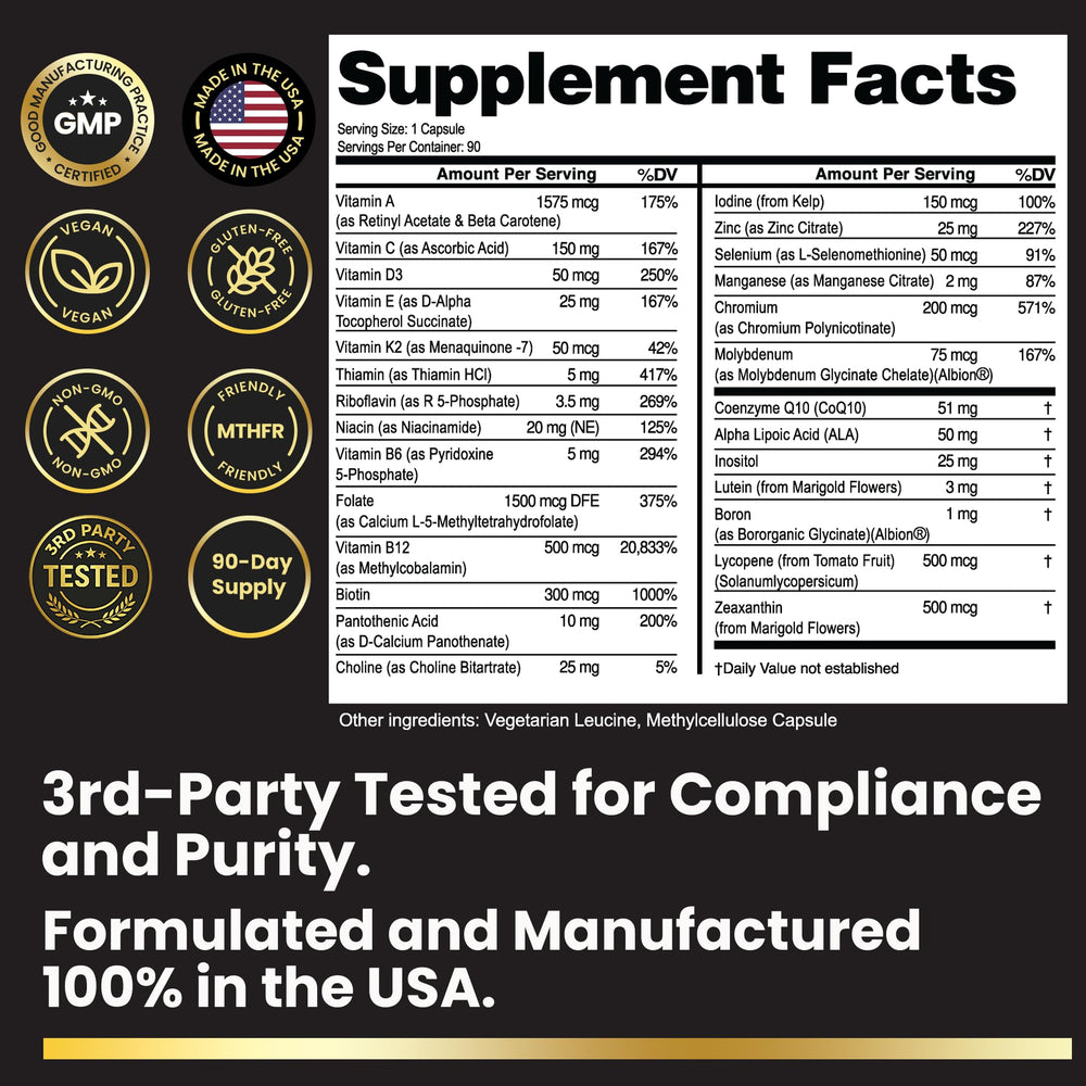 Eliixr methylated multivitamin label highlights active folate and B vitamins for daily wellness.