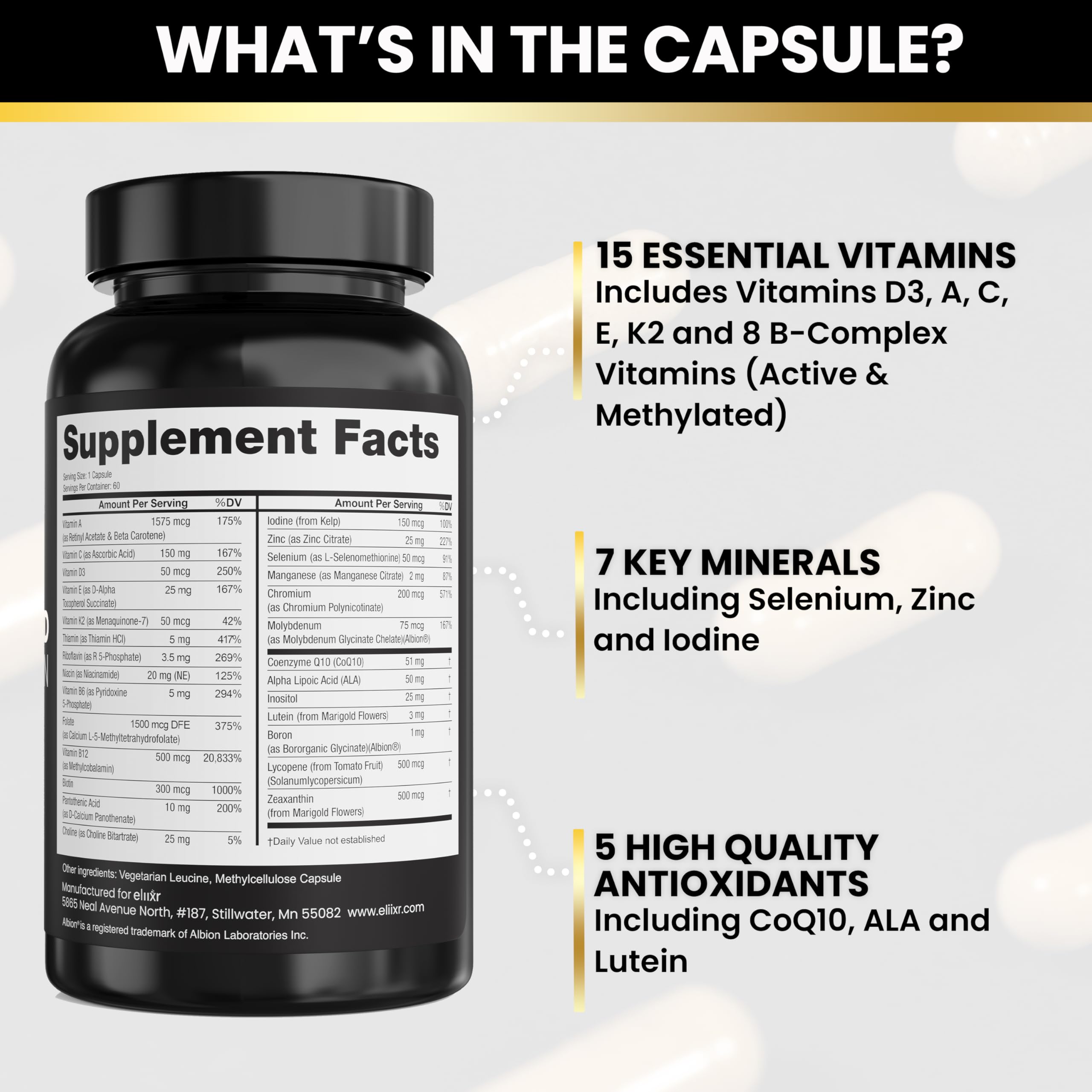 Eliixr vegan capsules packaging indicating plant-based, dairy-free supplement