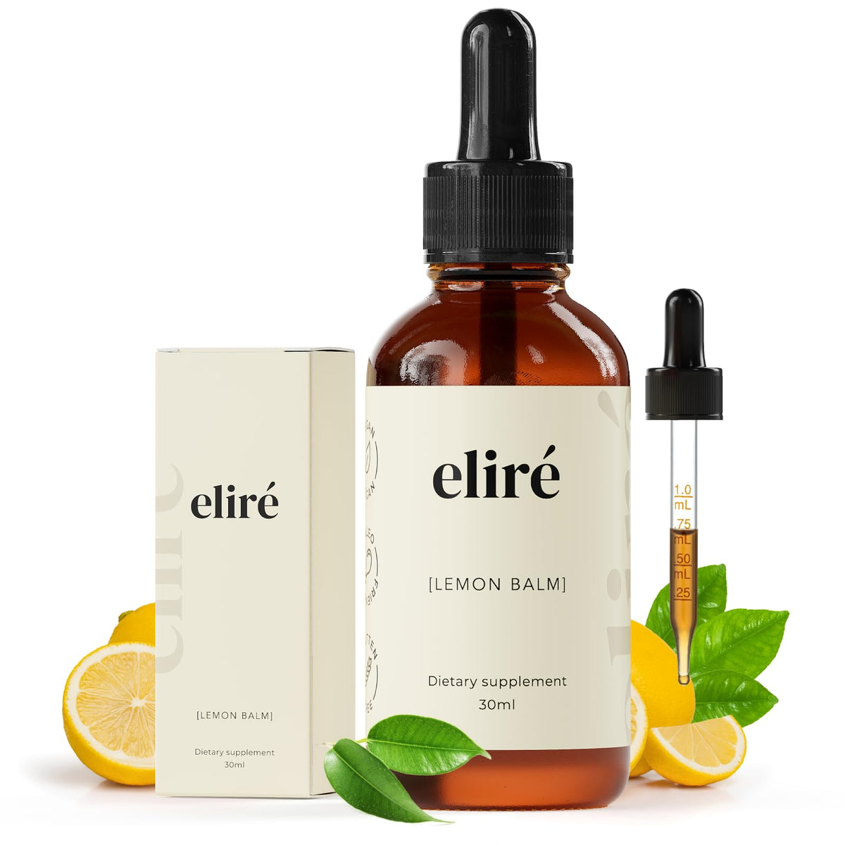 Eliré Organic Lemon Balm Drops bottle with dropper for quick calm during busy days.