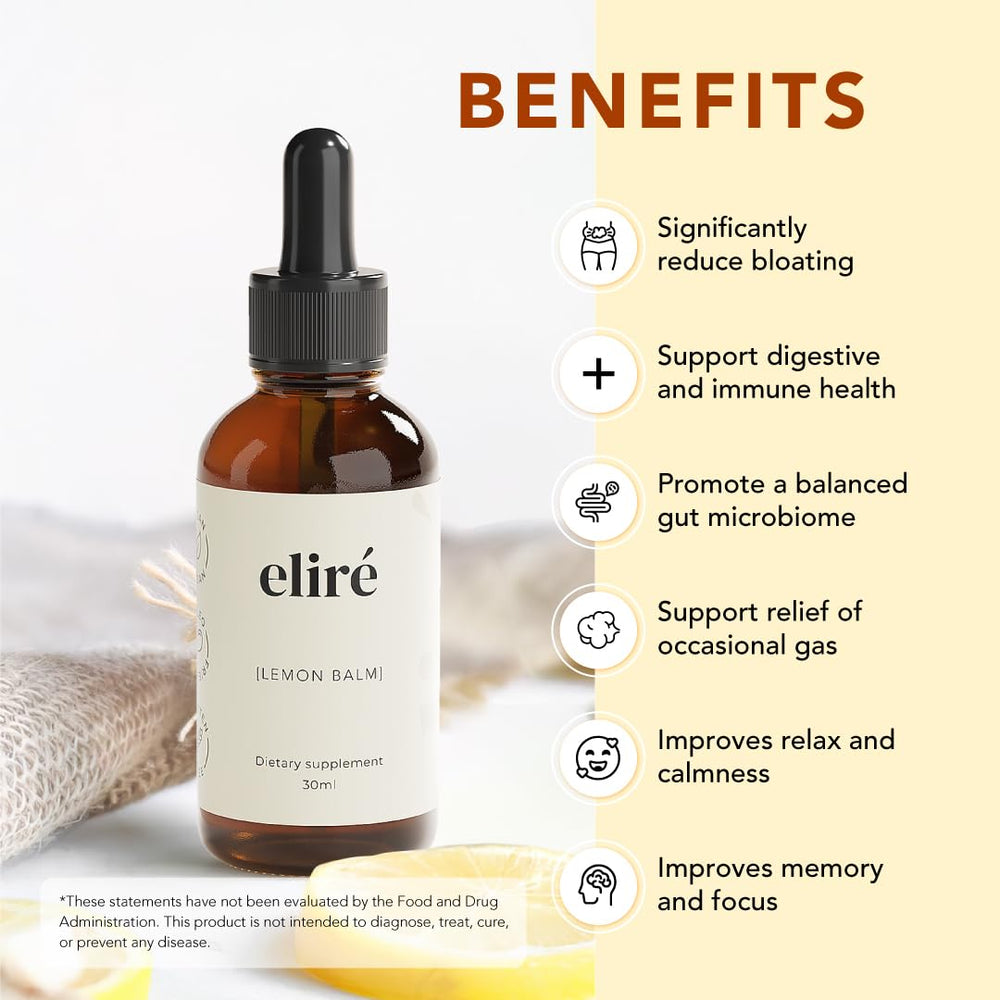 Eliré Lemon Balm Drops dropper releasing a precise dose for daily calm.