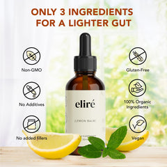Eliré Organic Lemon Balm Drops label highlighting organic, kosher, non-GMO features.