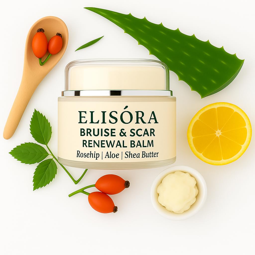 ELISORA Intensive Bruise & Scar Renewal Balm jar with rich hydrating texture for daily use.