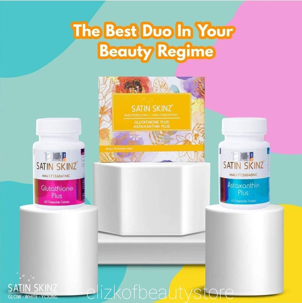 Elizkof Satin Skinz Glutathione Plus capsules stack highlight convenient multi-pack