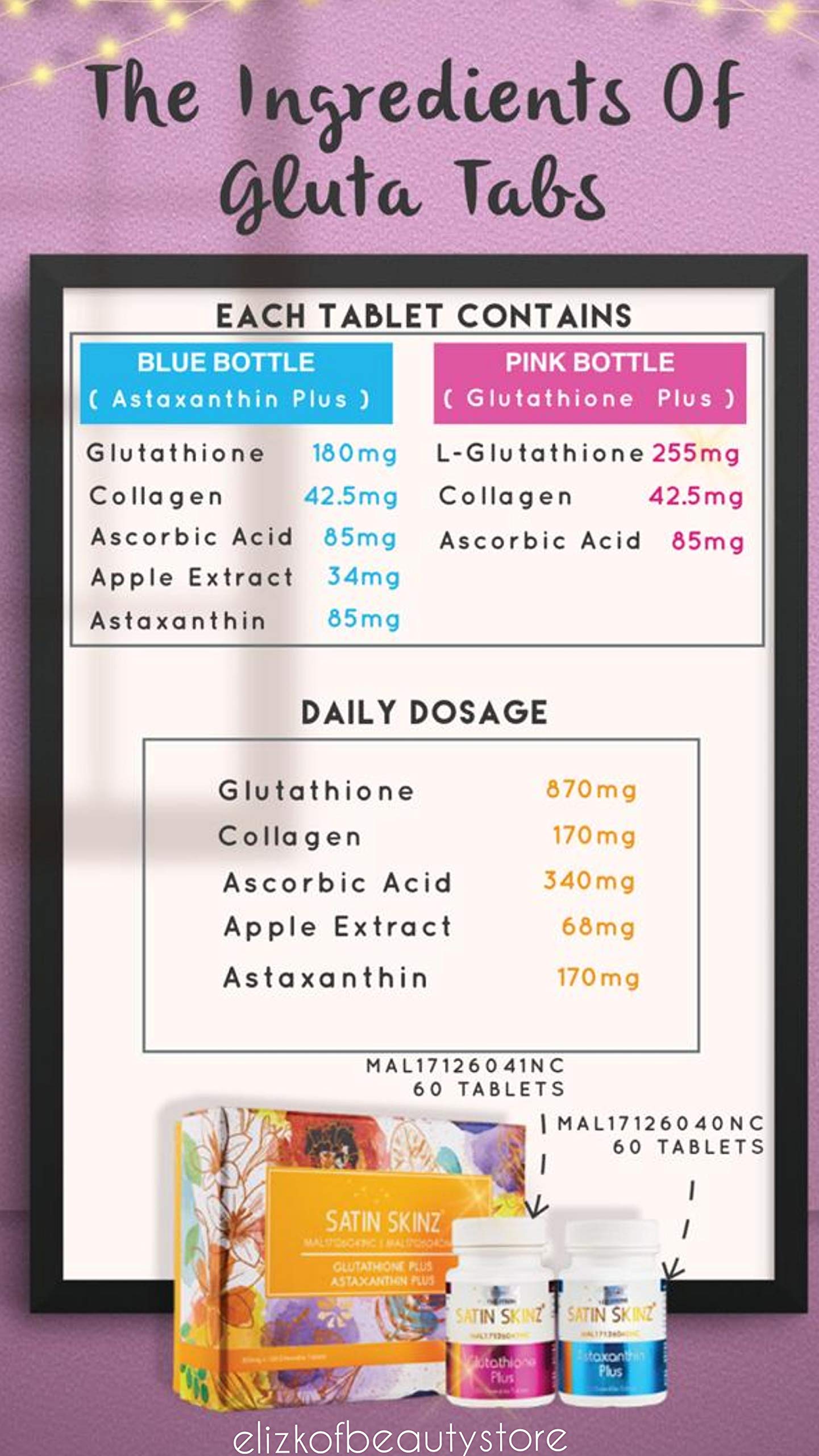 Elizkof Satin Skinz Glutathione Plus label closeup highlighting ingredients and premium packaging