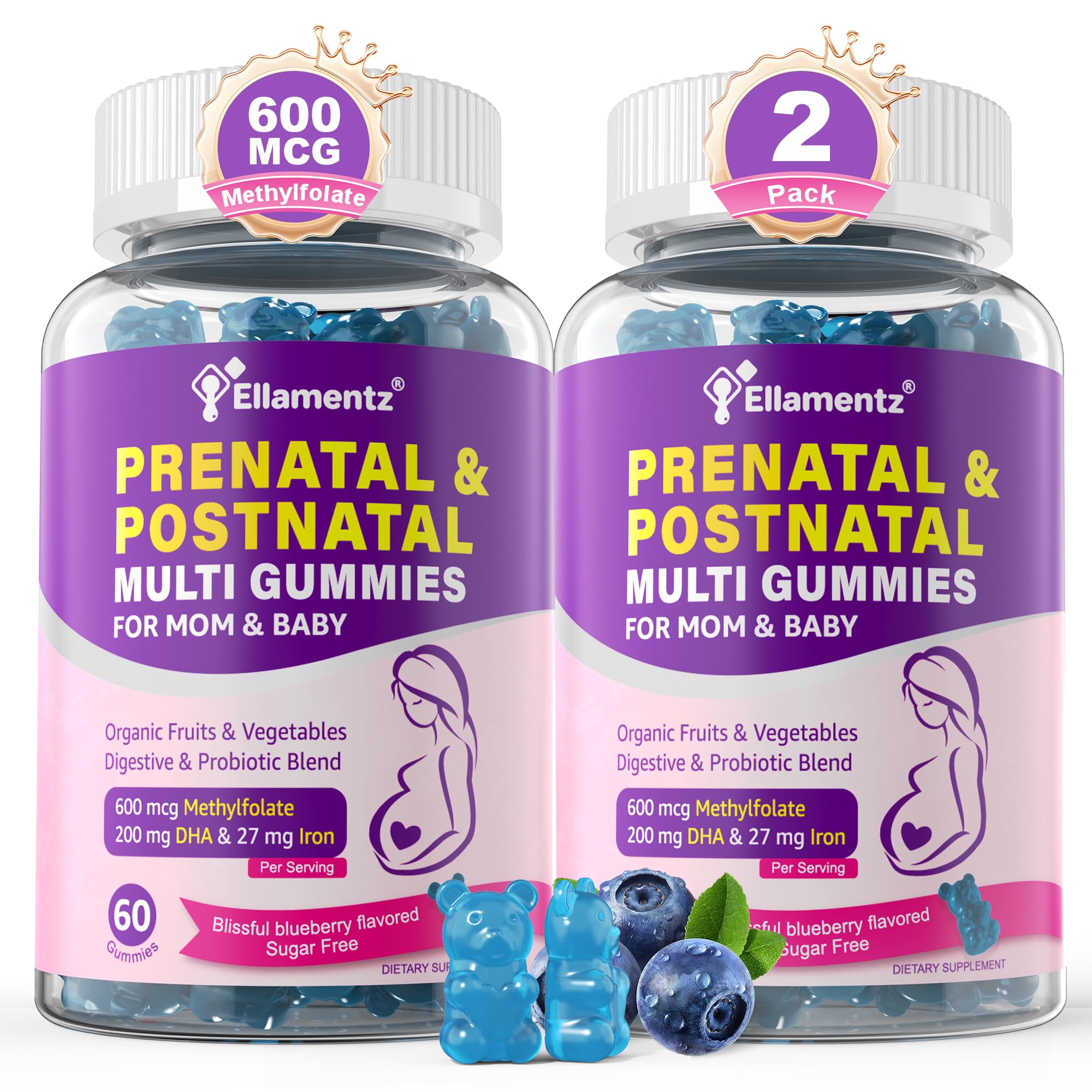ELLAMENTZ Prenatal Gummies bottle offers convenient daily nutrition for mom and baby.