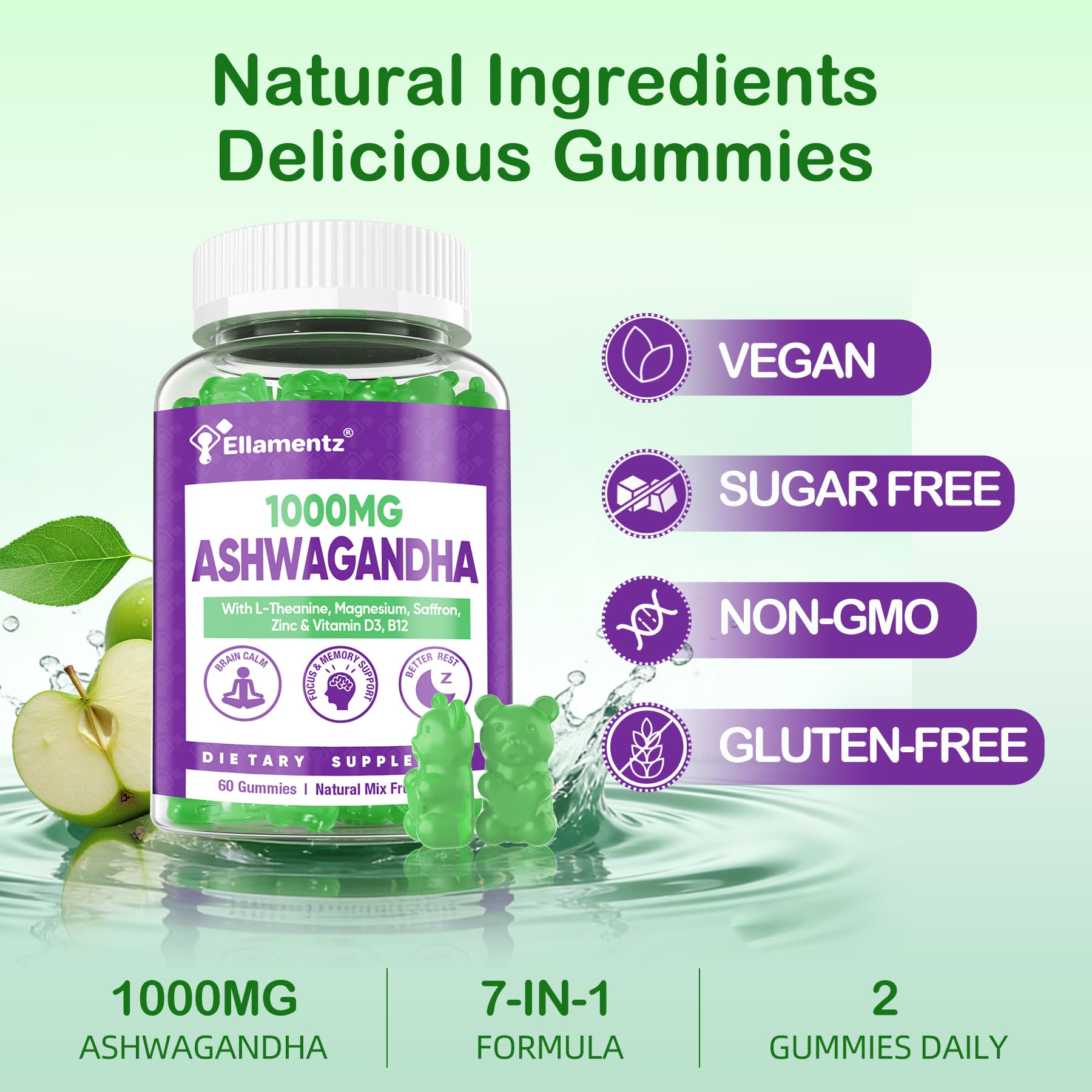 ELLAMENTZ Ashwagandha gummies 120-count pack shown for extended use.