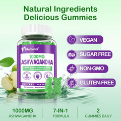 ELLAMENTZ Ashwagandha gummies 120-count pack shown for extended use.