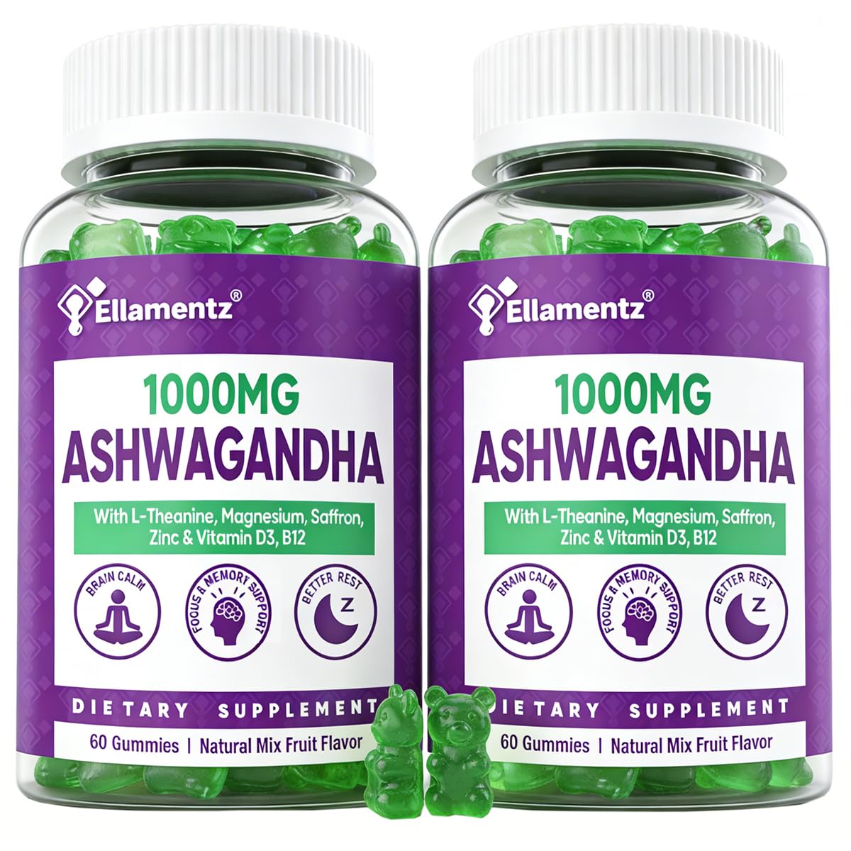 ELLAMENTZ Ashwagandha gummies bottle cap close-up signaling brand and daily calm use.