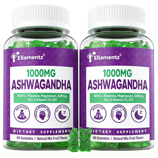 ELLAMENTZ Ashwagandha gummies bottle cap close-up signaling brand and daily calm use.