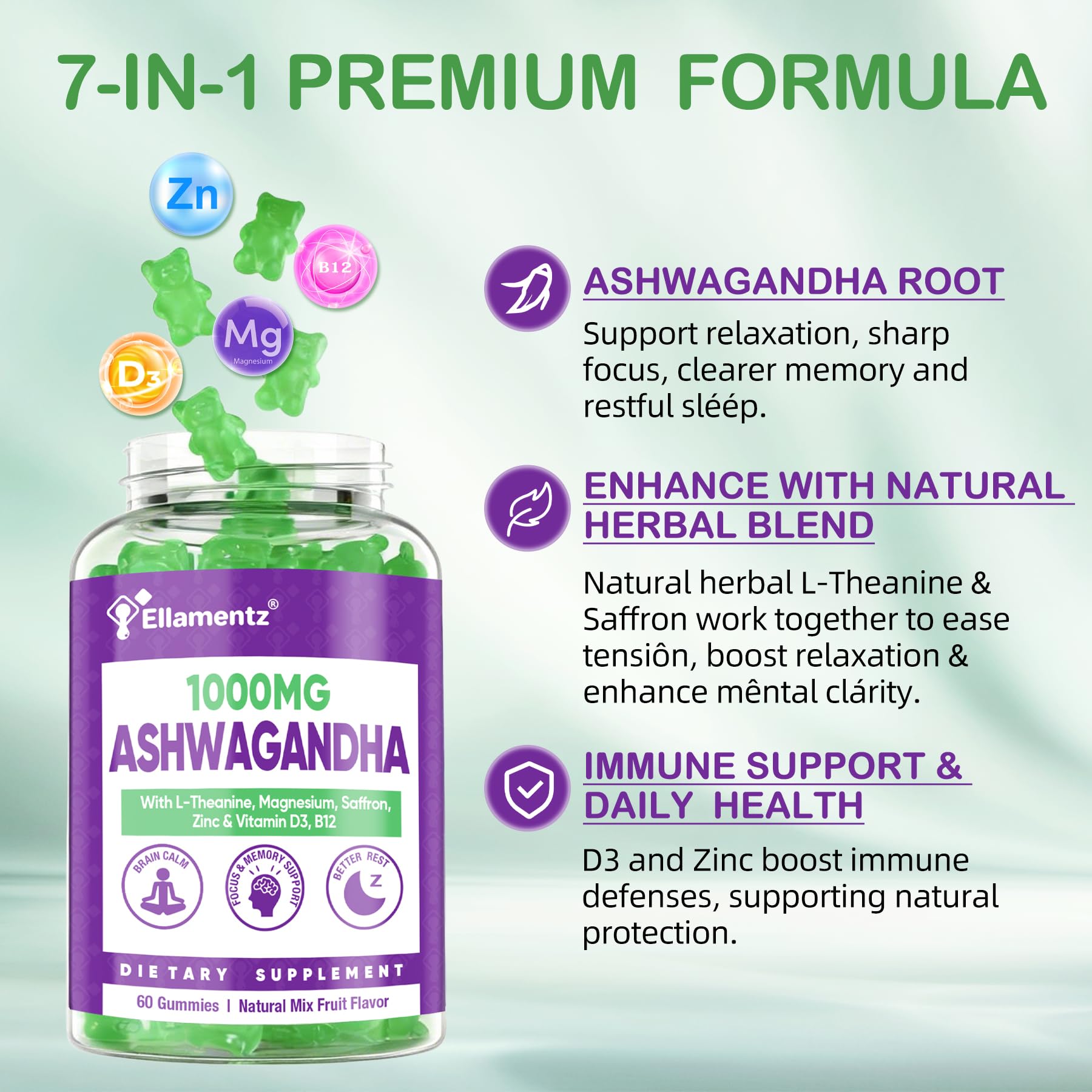 ELLAMENTZ Ashwagandha gummies night-use scene suggesting restful evenings.