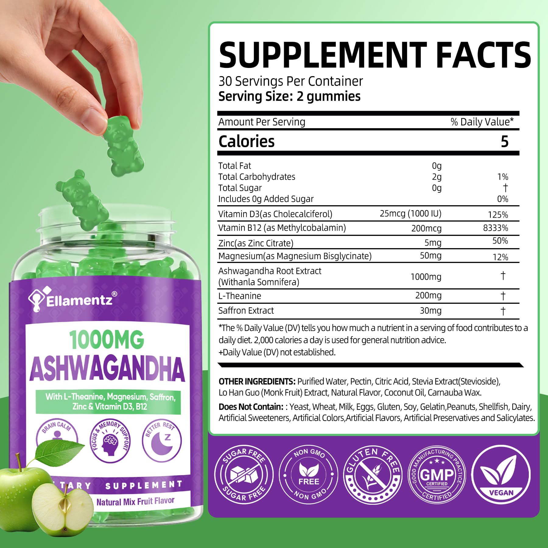 ELLAMENTZ Ashwagandha gummies texture close-up shows chewy consistency for daily stress support.
