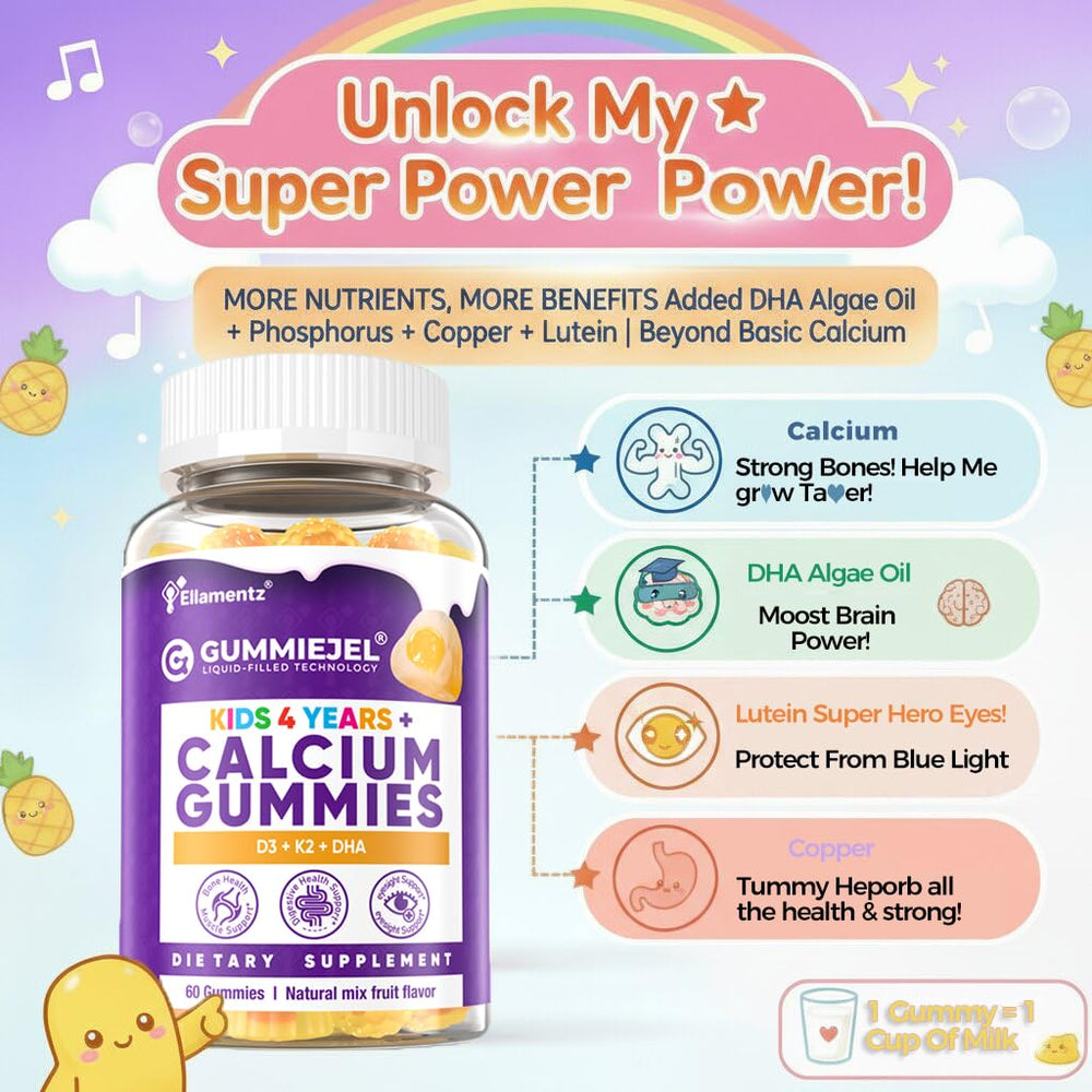 ELLAMENTZ calcium gummies with algae DHA for brain development support