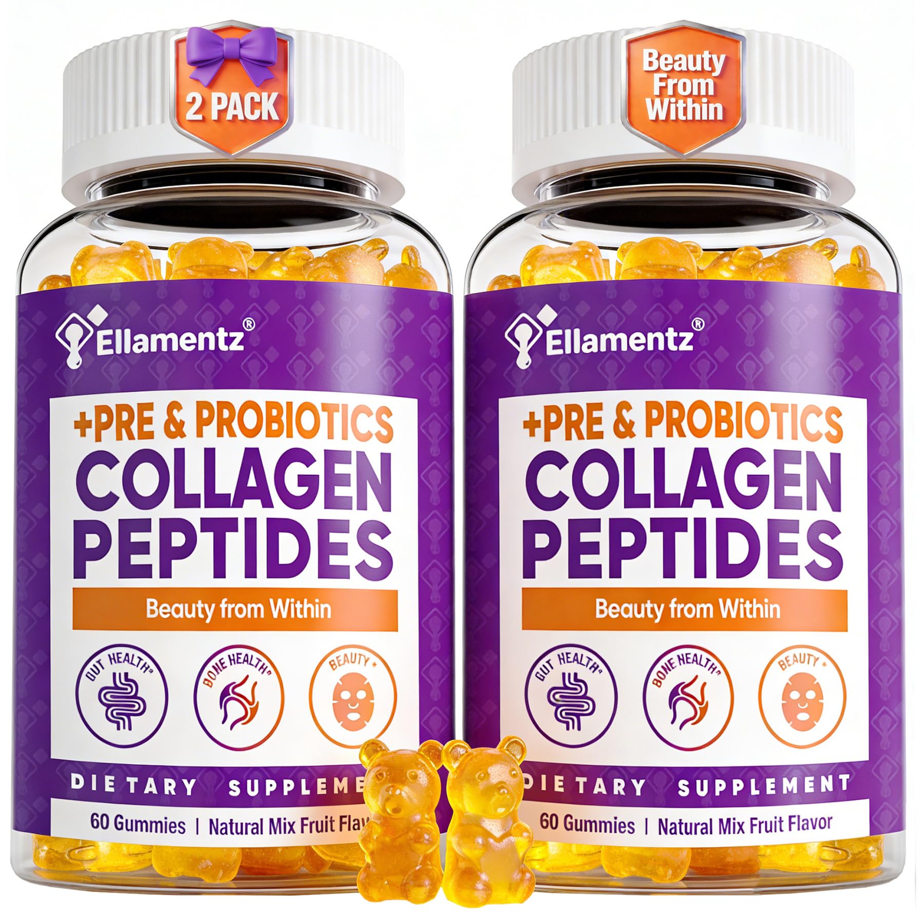ELLAMENTZ Collagen Gummies bottle on countertop showing sugar-free wellness for hair and skin